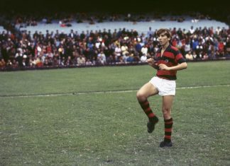 Rugby player in red and black striped jersey and white shorts runs on a grassy field with a crowded stadium in the background.]}