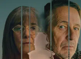 Composite portrait of an older woman and man split by vertical panels, with a torn paper shape in the foreground suggesting fragmentation or memory.