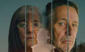 Composite portrait of an older woman and man split by vertical panels, with a torn paper shape in the foreground suggesting fragmentation or memory.