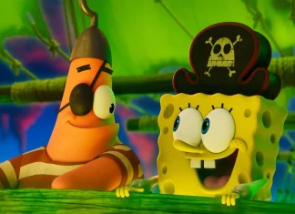 SpongeBob and Patrick lean on a green railing, wearing pirate hats with a skull emblem, aboard a colorful ship.