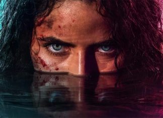‘M.I.A.’: Série criminal do criador de ‘Ozark’ ganha cartaz INÉDITO; Confira! Close-up of a person with blue eyes staring over waterline, blood on the cheek, dark wet hair, under neon blue and pink lighting.