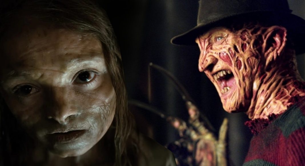 Girl with ghostly white makeup on the left, beside a snarling Freddy Krueger figure on the right in a dark scene.