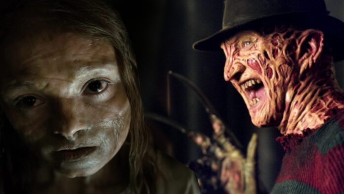 Girl with ghostly white makeup on the left, beside a snarling Freddy Krueger figure on the right in a dark scene.