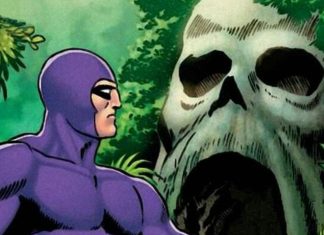 Purple-costumed superhero stands in a jungle, facing a massive skull-shaped rock opening.