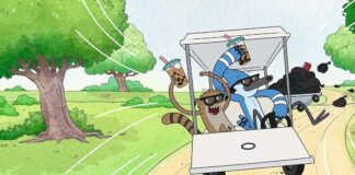 Cartoon golf-cart scene with a blue-striped driver and a cat passenger celebrating, drinks in hand, speeding along a sunny course.