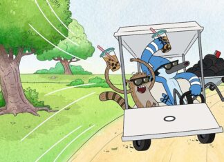 Cartoon golf-cart scene with a blue-striped driver and a cat passenger celebrating, drinks in hand, speeding along a sunny course.