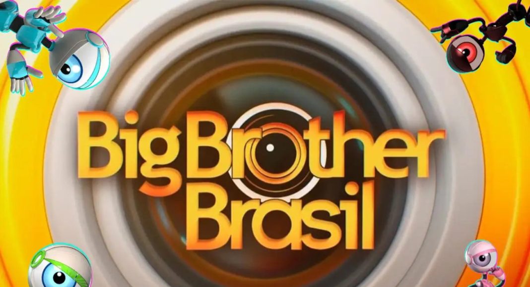 Big Brother Brasil logo centered in a spinning circular design, with colorful cartoon robots framing the bright yellow background around the edges.