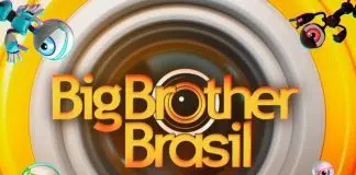 Big Brother Brasil logo centered in a spinning circular design, with colorful cartoon robots framing the bright yellow background around the edges.