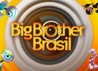Big Brother Brasil logo centered in a spinning circular design, with colorful cartoon robots framing the bright yellow background around the edges.