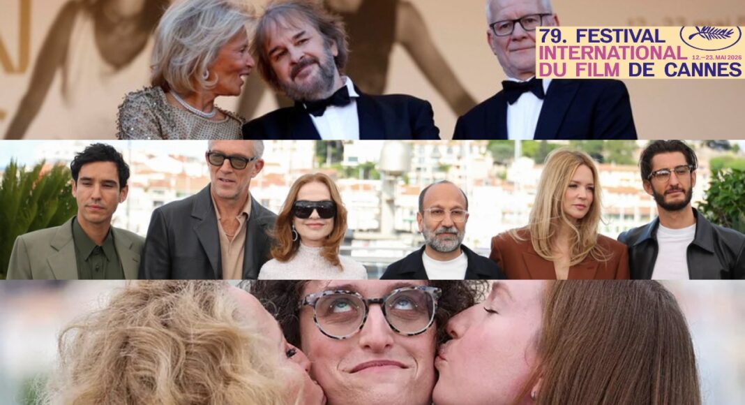 Cannes 2026 - 3 e 4 Cannes Film Festival collage: top banner, a row of stylish adults posing, and a person being kissed on both cheeks by friends.