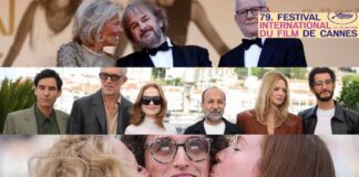 Cannes Film Festival collage: top banner, a row of stylish adults posing, and a person being kissed on both cheeks by friends.