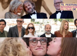 Cannes 2026 — Dias 3 e 4: Velozes & Furiosos, slasher metalinguístico e os favoritos da competição Cannes Film Festival collage: top banner, a row of stylish adults posing, and a person being kissed on both cheeks by friends.