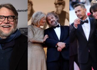 Triptych: left a man with glasses and a scarf smiling at a film festival; center an elderly couple in formal wear sharing a moment; right a man in a tuxedo and a woman in a black gown posing on the red carpet.