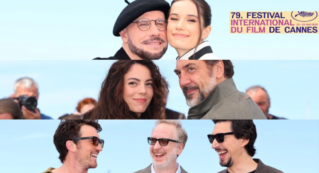 Dia 4 e 5 festival de cannes 2026 Smiling cast members posing together at the Cannes Film Festival, with the festival logo in the top-right corner.