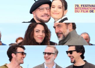 Smiling cast members posing together at the Cannes Film Festival, with the festival logo in the top-right corner.