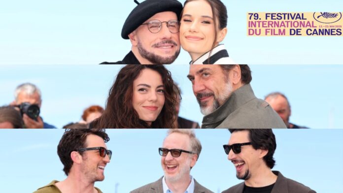 Smiling cast members posing together at the Cannes Film Festival, with the festival logo in the top-right corner.