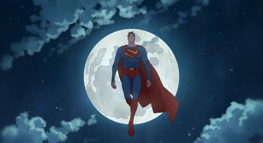 Minhas Aventuras com o Superman (4) (1) Superhero in blue suit with red cape flies in front of a full moon.