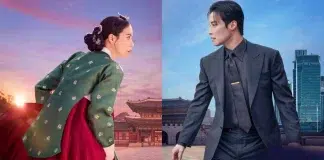 Split image showing a woman in a green hanbok on the left and a man in a dark suit on the right, with a traditional palace behind the woman and a modern city skyline behind the man.