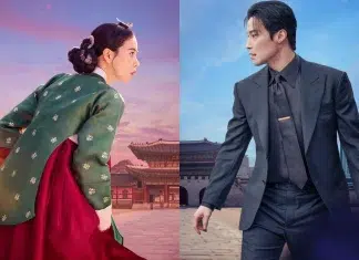 Conheça o dorama que alcançou o TOPO das produções mais assistidas da Netlfix Split image showing a woman in a green hanbok on the left and a man in a dark suit on the right, with a traditional palace behind the woman and a modern city skyline behind the man.