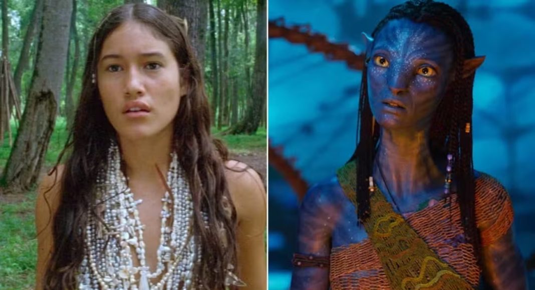 Split image: left a young woman in a forest wearing layered white pearl necklaces; right a blue Na’vi with braided hair and glowing yellow eyes in a blue-lit scene.