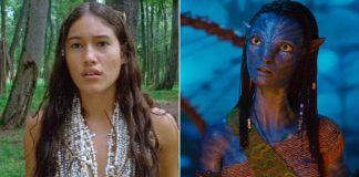 Split image: left a young woman in a forest wearing layered white pearl necklaces; right a blue Na’vi with braided hair and glowing yellow eyes in a blue-lit scene.