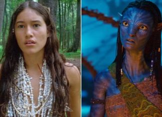 Split image: left a young woman in a forest wearing layered white pearl necklaces; right a blue Na’vi with braided hair and glowing yellow eyes in a blue-lit scene.