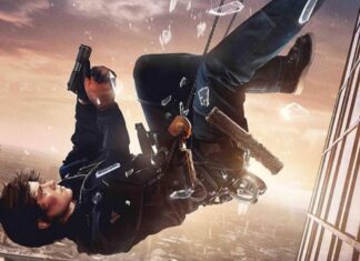 Action-hero in a black tactical suit dangles from a rope off a skyscraper at sunset, gun in hand and gear strapped to his chest.