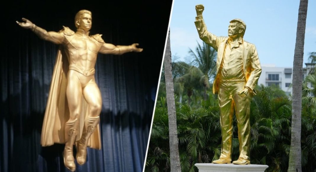 The-Boys-donald trump (1) Split image showing two gold statues: left a muscular superhero figure with cape appearing to fly on a stage; right a life-size gold statue of a man in a suit with one fist raised, outdoors on a pedestal amid palm trees.