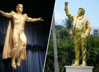 Split image showing two gold statues: left a muscular superhero figure with cape appearing to fly on a stage; right a life-size gold statue of a man in a suit with one fist raised, outdoors on a pedestal amid palm trees.