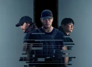 Three armed security personnel stand side by side in front of a dark doorway, with a digital glitch overlay across the foreground.