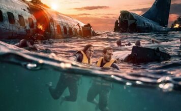 People wearing life jackets swim in the ocean beside a sunken airplane wreck at sunset, with smoke and flames in the background on the horizon.