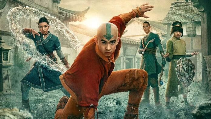 Dynamic fantasy battle scene with four martial artists; central bald hero with arrow on his head leaps forward as debris and water swirl around them in a village square.