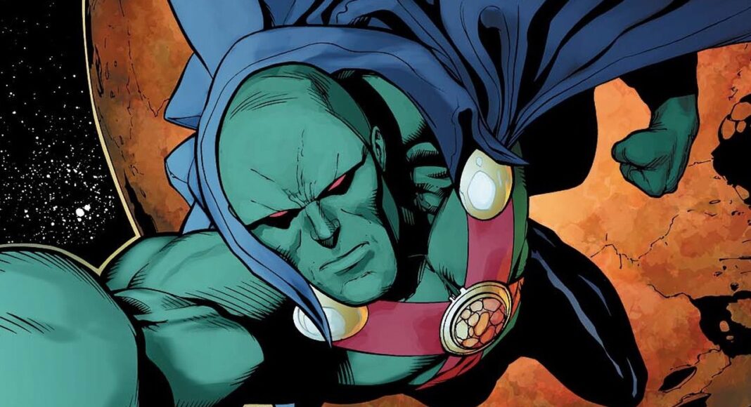 caçador de marte Green-skinned superhero in a blue cape flies through space with an orange planet in the background, fists ready.