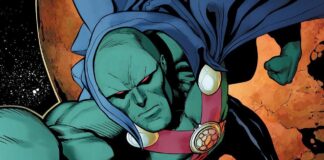 Green-skinned superhero in a blue cape flies through space with an orange planet in the background, fists ready.