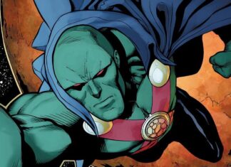 Caçador de Marte deve aparecer em ‘Superman: Homem do Amanhã’, aponta insider Green-skinned superhero in a blue cape flies through space with an orange planet in the background, fists ready.
