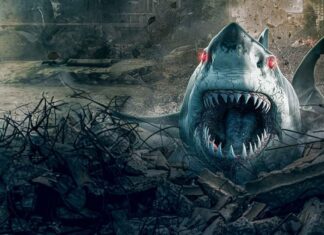 Massive shark with glowing red eyes lunging through rubble in a ruined urban landscape.
