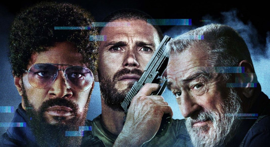 chumbo2 Action movie poster: three men stare forward, the middle man holds a pistol, with a helicopter below and glitchy visuals.