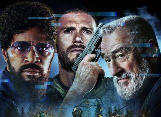 Action movie poster: three men stare forward, the middle man holds a pistol, with a helicopter below and glitchy visuals.