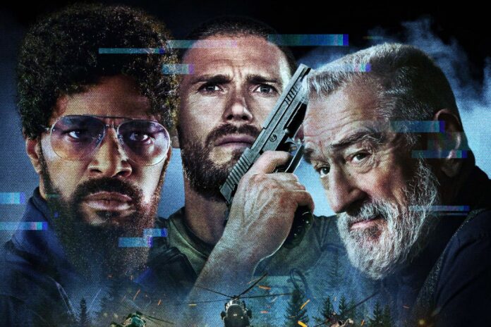 Action movie poster: three men stare forward, the middle man holds a pistol, with a helicopter below and glitchy visuals.