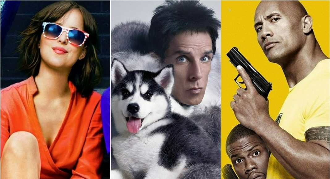 Three-panel collage of pop-culture images: woman in orange top and sunglasses on left, man with a husky in the center, and a muscular man with a gun on the right against a yellow background.