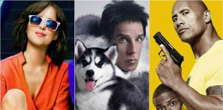 Three-panel collage of pop-culture images: woman in orange top and sunglasses on left, man with a husky in the center, and a muscular man with a gun on the right against a yellow background.