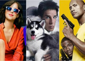 As Comédias que Completam 10 anos em 2026 e Você Nem Lembrava Mais Three-panel collage of pop-culture images: woman in orange top and sunglasses on left, man with a husky in the center, and a muscular man with a gun on the right against a yellow background.