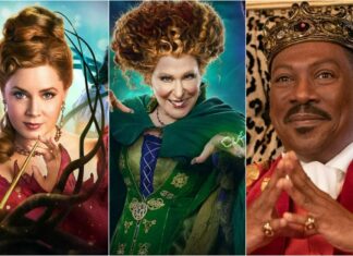Three fairy-tale royalty: a princess with a bow and wand on the left, a green-clad queen in the center, and a crowned king on the right.