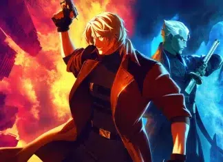 ‘Devil May Cry’ é RENOVADA para a 3ª e ÚLTIMA temporada Two anime-style male fighters stand back-to-back: a blond, gun-wielding hero in an orange coat on a fiery left half, and a blue-haired swordsman with a katana on a cool blue right half.
