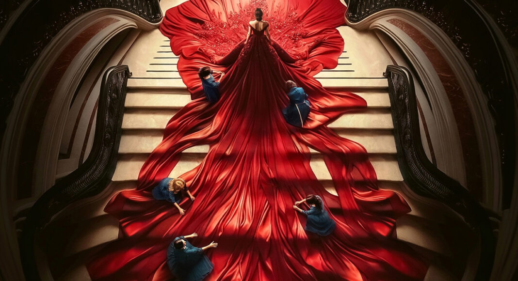 diamantes A woman in a dramatic, floor-length red gown flows down a grand staircase, held by several helpers pulling the fabric.