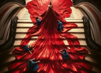 A woman in a dramatic, floor-length red gown flows down a grand staircase, held by several helpers pulling the fabric.