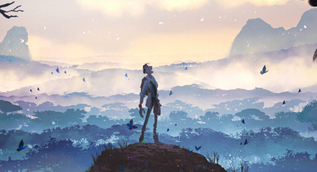 doutor dolittle (1) Lone armored figure on a rocky hilltop overlooking a misty blue forest valley with scattered butterflies at dawn/dusk.