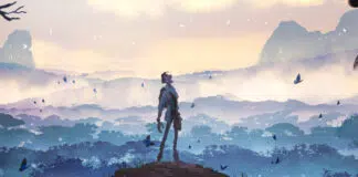 Lone armored figure on a rocky hilltop overlooking a misty blue forest valley with scattered butterflies at dawn/dusk.