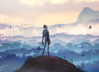 Lone armored figure on a rocky hilltop overlooking a misty blue forest valley with scattered butterflies at dawn/dusk.