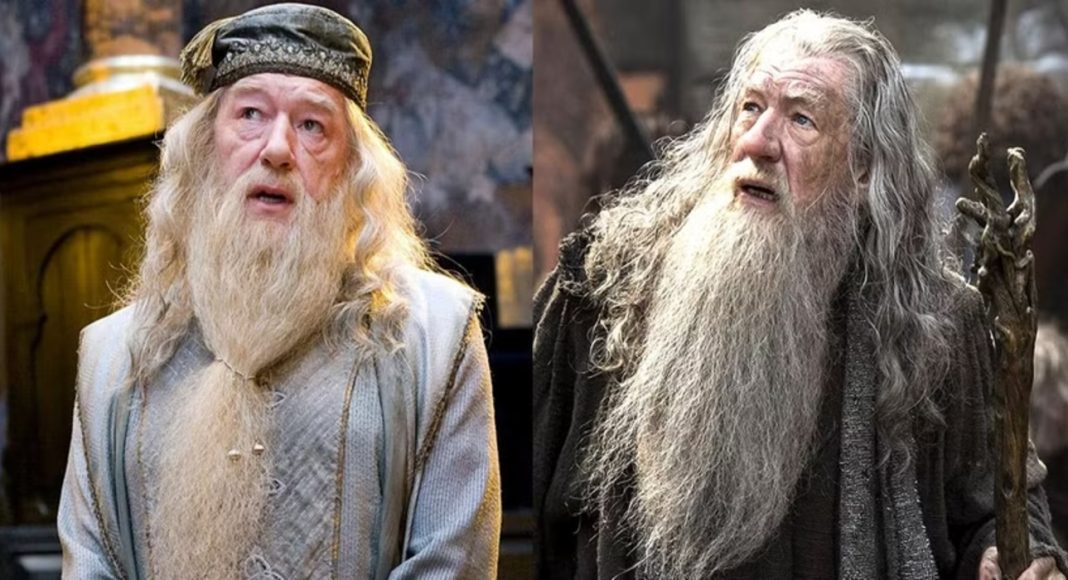 Split image of a long-bearded wizard in two outfits: pale blue robe on the left, dark robe with a staff on the right.